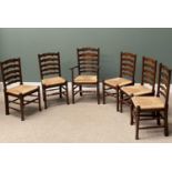 ANTIQUE REPRODUCTION OAK LADDERBACK DINING CHAIRS (5+1) on turned supports and front stretchers,