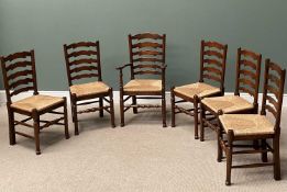 ANTIQUE REPRODUCTION OAK LADDERBACK DINING CHAIRS (5+1) on turned supports and front stretchers,