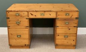 REPRODUCTION PINE CAMPAIGN-STYLE PEDESTAL DESK, brass banded with an arrangement of seven various