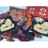 ASSORTED CENTRAL ASIAN & OTHER WEAVINGS, including Belouch double salt bag, camel neck ornament,