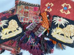 ASSORTED CENTRAL ASIAN & OTHER WEAVINGS, including Belouch double salt bag, camel neck ornament,