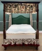 GEORGIAN STYLE MAHOGANY TESTER BED, green velour headboard, hung with Elizabethan style