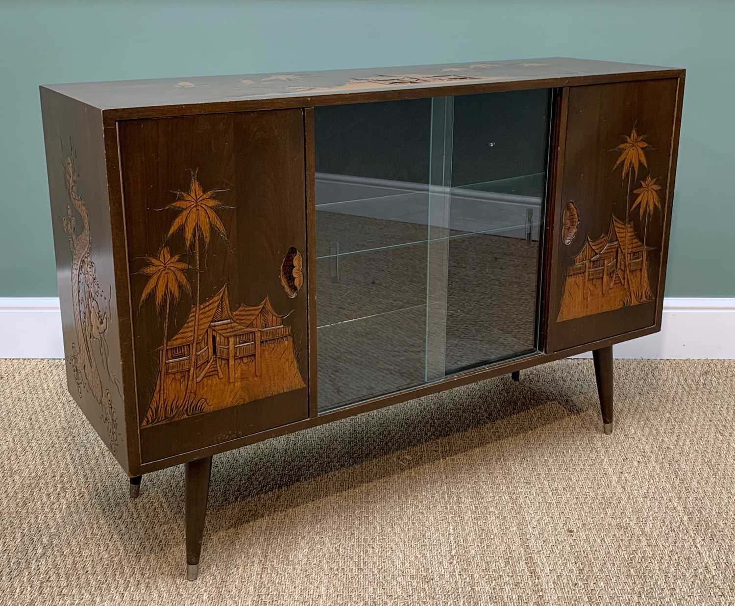 MID-CENTURY CHINOISERIE CARVED SIDEBOARD, central glass sliding doors with internal glass - Image 3 of 5