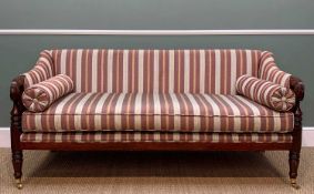 REGENCY STYLE MAHOGANY SETTEE, upholstered in Regency stripe fabric with two bolsters, metal