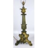 LATE 19TH CENTURY FRENCH GILT BRONZE TABLE LAMP, acanthus cast column and sconce, on rococo