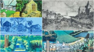FIVE PRINTS, including etching of church and village harbour signed James G. Murray 22.5 x 42.