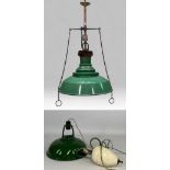 VINTAGE GREEN ENAMELLED LIGHTING, comprising rise-and-fall ceiling light, with pottery pulley and