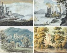 19TH CENTURY PROVINCIAL BRITISH SCHOOL watercolour - two views of a castle on an estuary, with