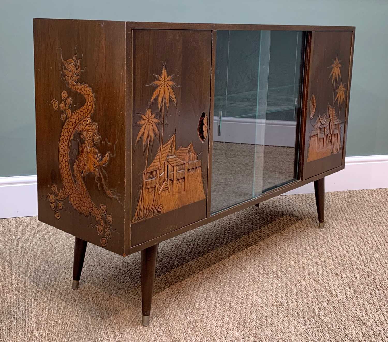 MID-CENTURY CHINOISERIE CARVED SIDEBOARD, central glass sliding doors with internal glass - Image 4 of 5