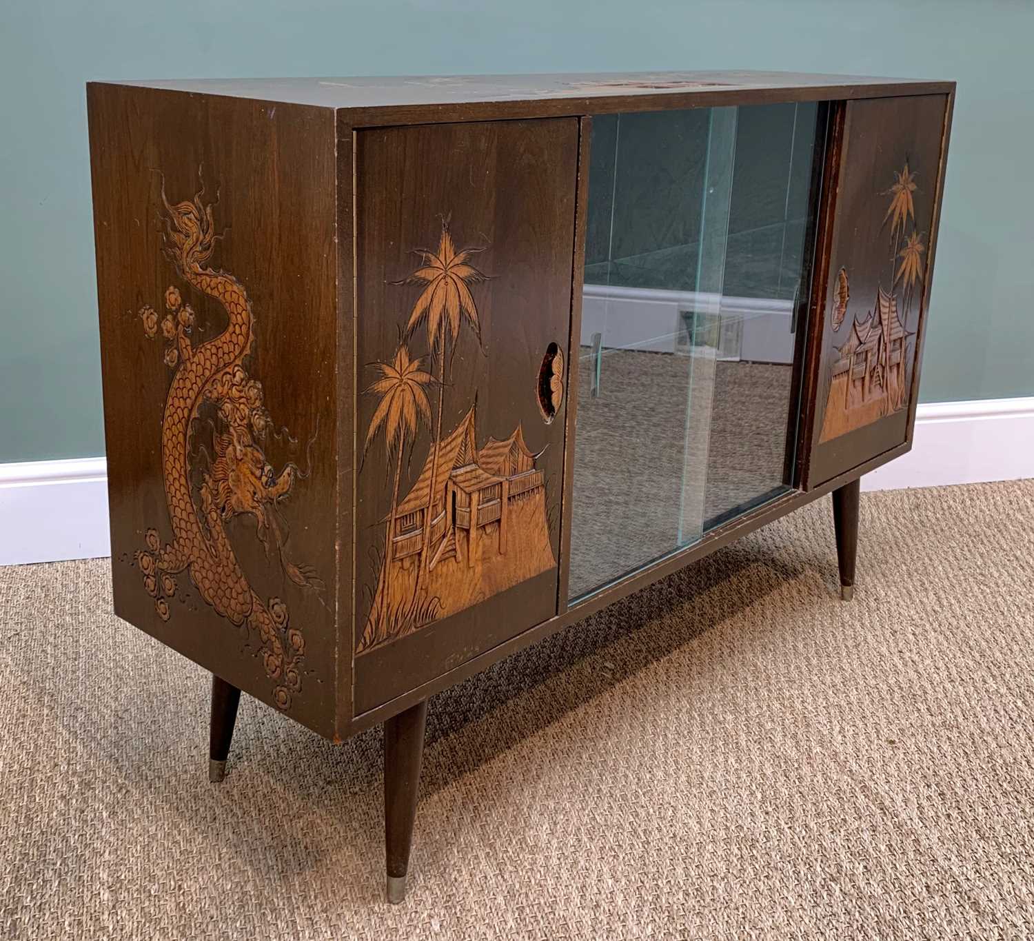 MID-CENTURY CHINOISERIE CARVED SIDEBOARD, central glass sliding doors with internal glass - Image 2 of 5
