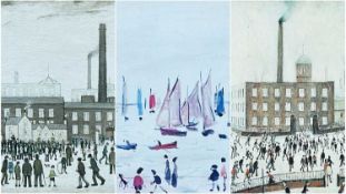 AFTER L.S. LOWRY three colour prints - entitled 'Outside the Mills', 'At the Factory Gates', and '