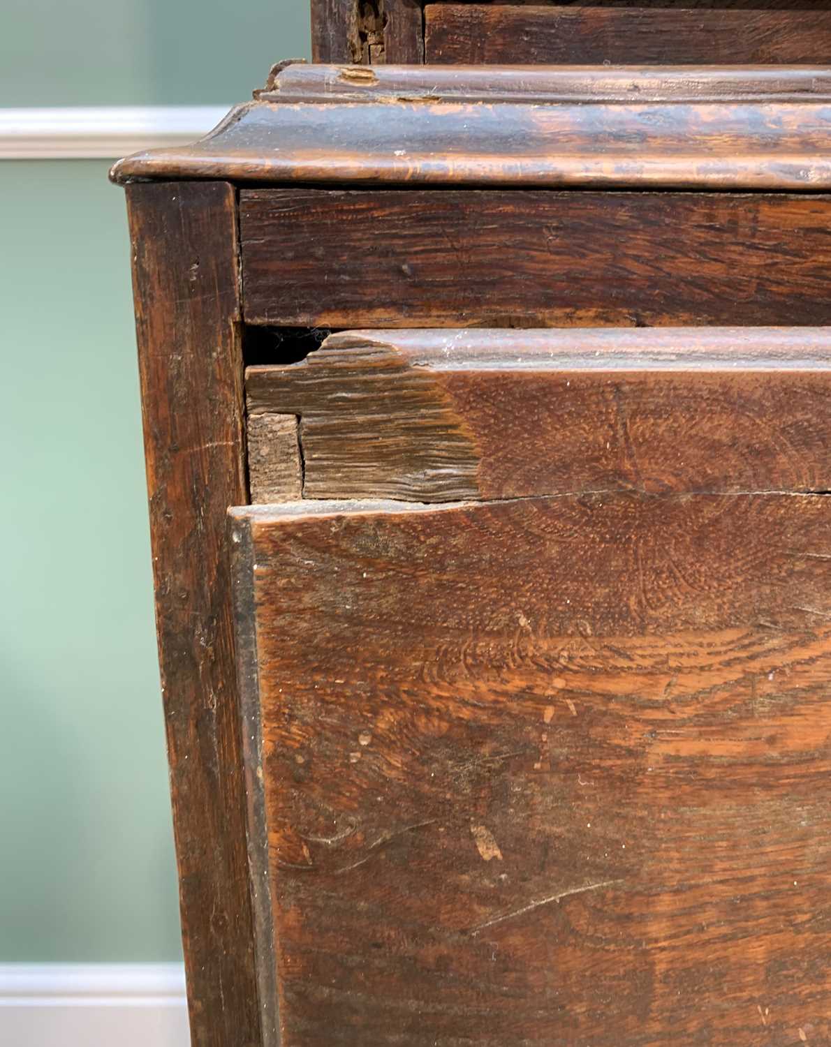 GEORGE III OAK TALLBOY SECRETAIRE, moulded cornice, upper chest with two short and three long - Image 7 of 12