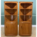 TWO MID-CENTURY ERCOL WINDSOR 743C CORNER CABINETS, gold label, solid elm, two fixed shelves above