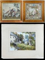 TWO VICTORIAN WOOLWORK PICTURES, one depicting an elderly gentleman and grandchild on a pony with