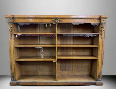 FINE VICTORIAN ORMOLU MOUNTED POLLARD OAK LIBRARY BOOKCASE, in the manner of Gillows, stepped top,