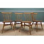FOUR MID-CENTURY ERCOL 376 'CANDLESTICK' WINDSOR DINING CHAIRS, blue label, solid elm and beech,