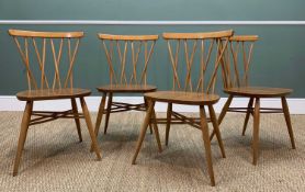 FOUR MID-CENTURY ERCOL 376 'CANDLESTICK' WINDSOR DINING CHAIRS, blue label, solid elm and beech,