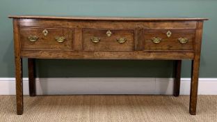 18TH CENTURY OAK LOW DRESSER, fitted three frieze drawers, square section legs, 80h x 155w x 48cms d
