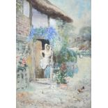 DAVID WOODLOCK (1842-1929) watercolour - a lady standing in a doorway holding flowers, signed, 34