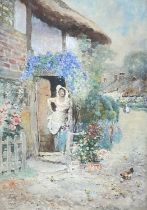 DAVID WOODLOCK (1842-1929) watercolour - a lady standing in a doorway holding flowers, signed, 34