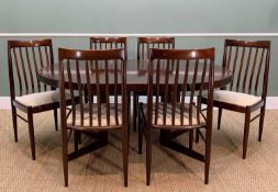 MID-CENTURY BRAMIN DANISH STAINED TEAK DINING TABLE & SIX CHAIRS, circular table extendable with two