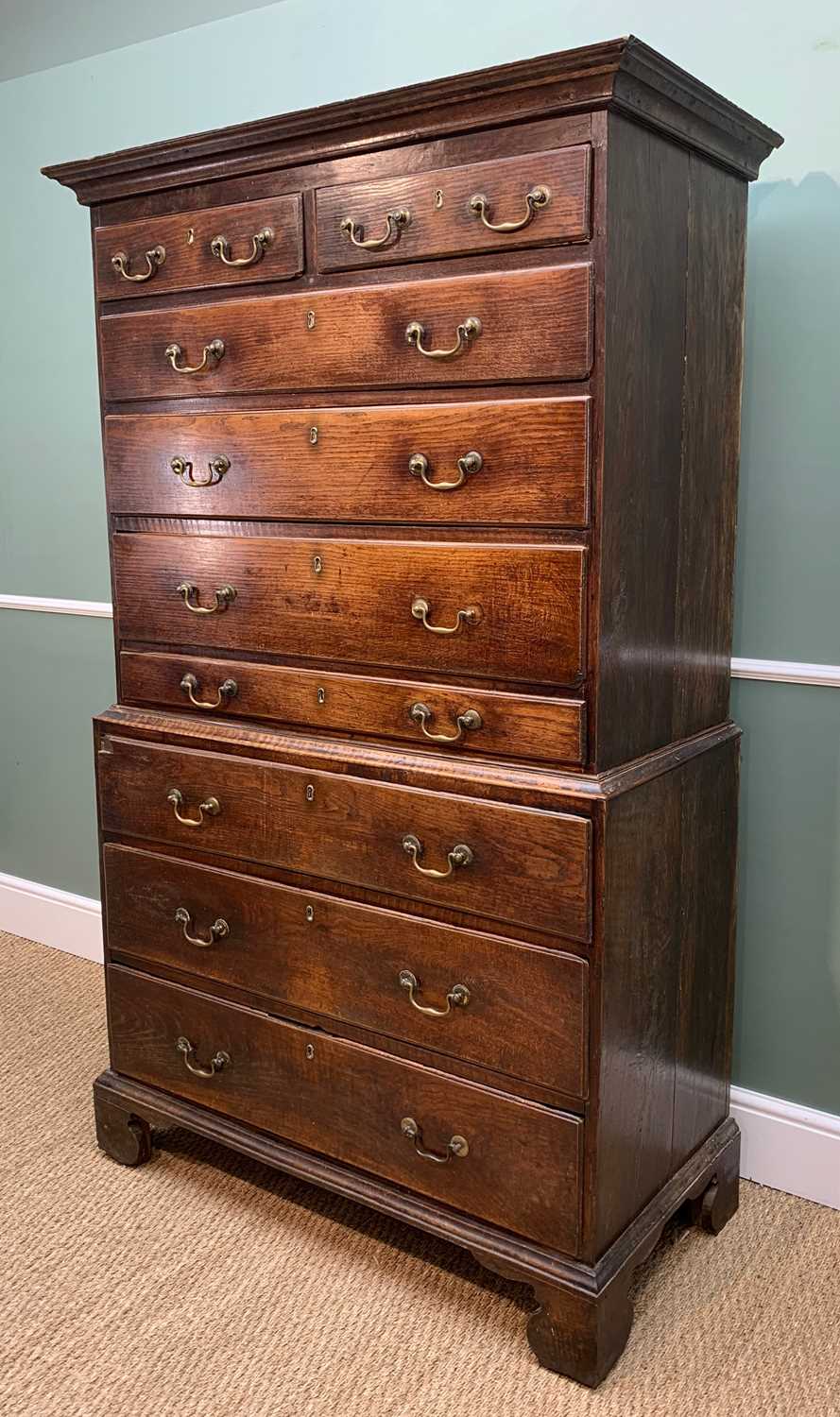 GEORGE III OAK TALLBOY SECRETAIRE, moulded cornice, upper chest with two short and three long - Image 4 of 12