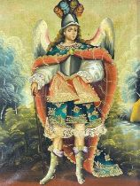 CUZCO SCHOOL oil on canvas - portrait of Archangel Michael dressed in 17th Century style armour,