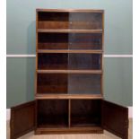 FIVE-TIERED MINTY STAINED OAK LIBRARY BOOK CASE, sliding glass doors and cupboard base, size