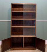 FIVE-TIERED MINTY STAINED OAK LIBRARY BOOK CASE, sliding glass doors and cupboard base, size