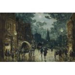 WILLIAM MANNERS (1860-1930) watercolour - busy street under moonlight on a rainy night, signed, 20 x