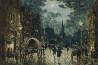 WILLIAM MANNERS (1860-1930) watercolour - busy street under moonlight on a rainy night, signed, 20 x