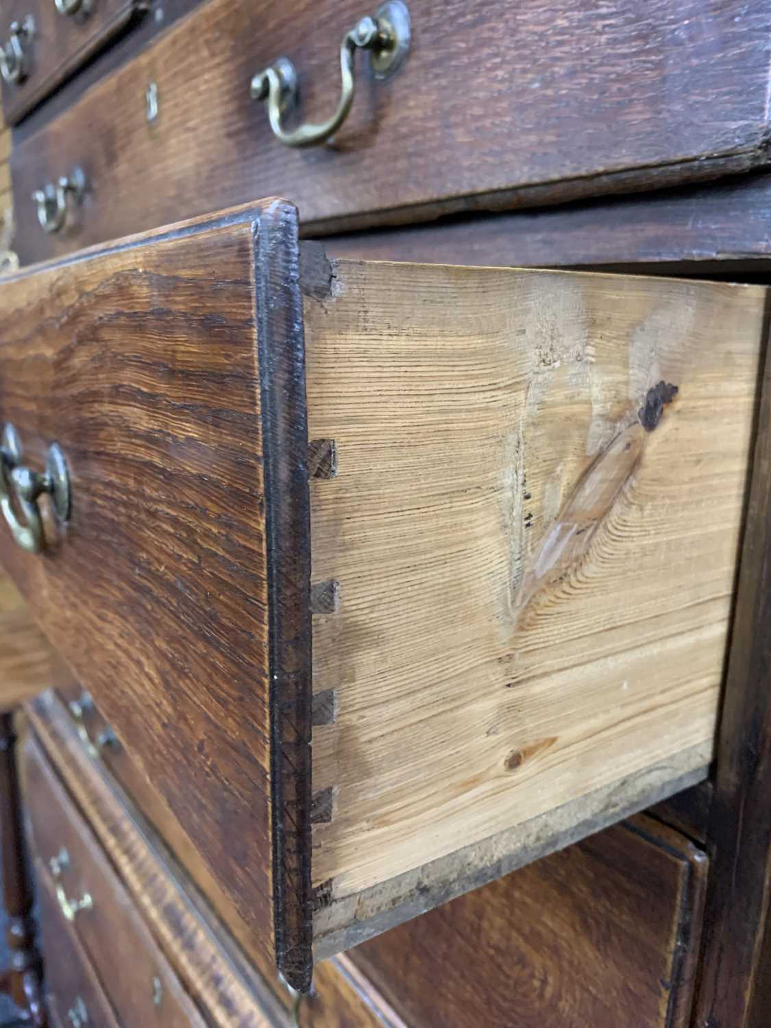 GEORGE III OAK TALLBOY SECRETAIRE, moulded cornice, upper chest with two short and three long - Image 9 of 12