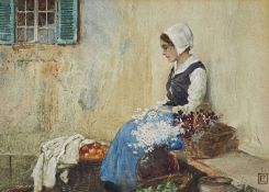 19TH CENTURY CONTINENTAL SCHOOL (possibly Dutch) watercolour - seated figure with baskets of fruit