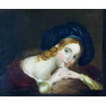 19TH CENTURY ENGLISH SCHOOL oil on canvas - portrait of Emma Hamilton in blue velvet bonnet, 28 x