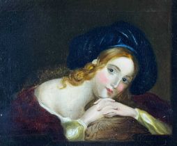 19TH CENTURY ENGLISH SCHOOL oil on canvas - portrait of Emma Hamilton in blue velvet bonnet, 28 x