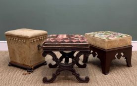 THREE ANTIQUE STOOLS, including early 19th Century X-frame stool with Kilim upholstery, tapering
