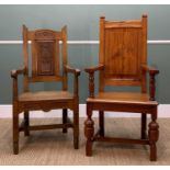 TWO ANTIQUE MASTER'S CHAIRS, one oak with foliate carved back splat, top rail and seat rail, 114h