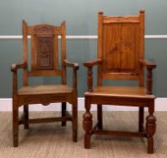 TWO ANTIQUE MASTER'S CHAIRS, one oak with foliate carved back splat, top rail and seat rail, 114h