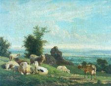 VICTOR-EMILE CARTIER (French, 1811-1866) oil on panel - sheep resting in landscape at dusk, signed