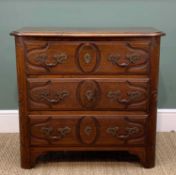 LOUIS XIV STYLE ELM CHEST, three drawers, baroque-style handles and faux escutcheons, bracket