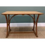 ARTS & CRAFTS STYLE TABLE, knotted pine top, on pitch pine legs with bowed supports, 76h x 114w x