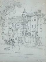 WILLIAM GIBBONS (fl. 1858-1892) pencil on paper - sketch of figures and horseman in a town, probably