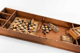 ASSORTED PARLOUR GAMES, comprising vintage SPINNING TOP SKITTLES, the long board with compartments