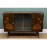 MID-CENTURY CHINOISERIE CARVED SIDEBOARD, central glass sliding doors with internal glass