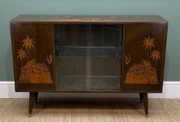 MID-CENTURY CHINOISERIE CARVED SIDEBOARD, central glass sliding doors with internal glass