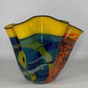 IOAN NEMTOI: LARGE STUDIO GLASS 'HANDKERCHIEF' VASE, in blue, green and yellow with splashed orange,