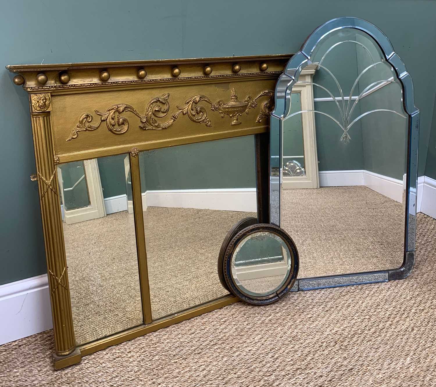 ASSORTED MIRRORS, including white painted architectural mirror, 138h x 105cms w, gilt triple-plate - Image 3 of 4