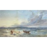 19TH CENTURY BRITISH SCHOOL c.1880 watercolour - coastal scene with fishing boats and family with
