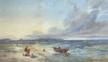 19TH CENTURY BRITISH SCHOOL c.1880 watercolour - coastal scene with fishing boats and family with