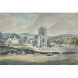 D. ORME (19th Century) watercolour - church, believed near Lyme Park, cattle and sheep grazing to